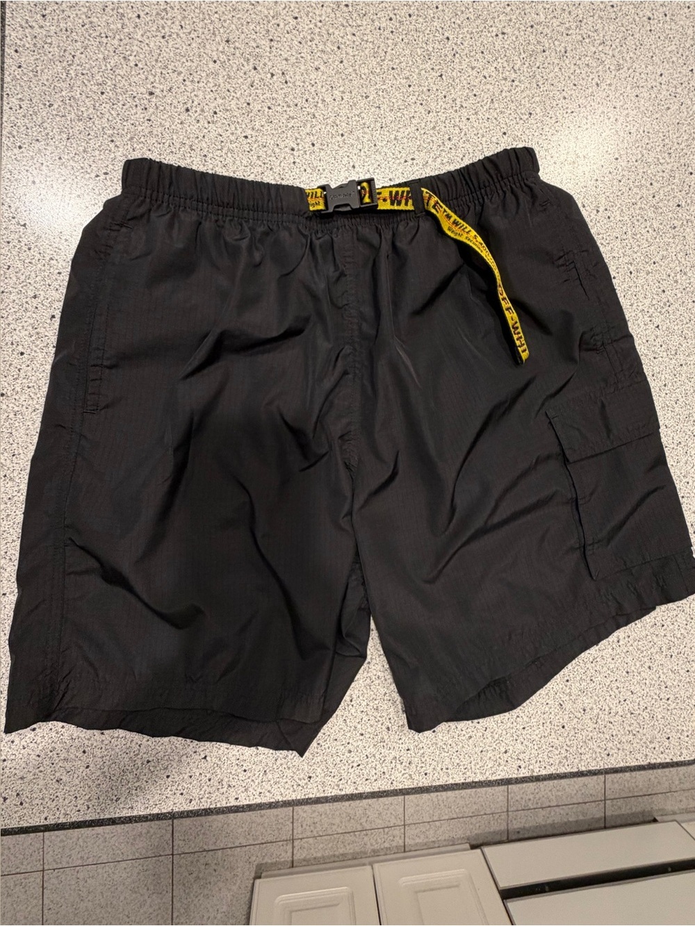 Off-White Black Cargo Swim Shorts with Yellow Web Belt
